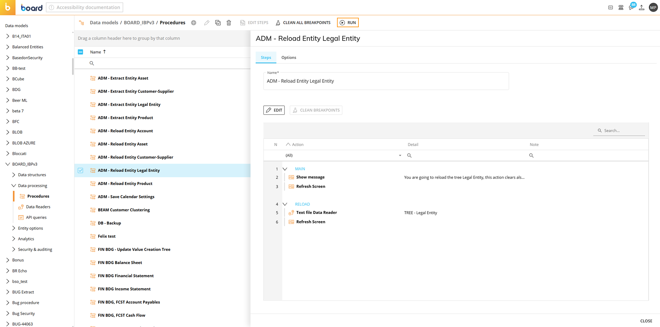 Procedure options for reloading the Legal Entity in the Data Model interface.